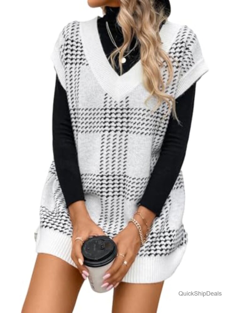 V Neck Sleeveless Oversized Plaid Cable Knit Sweater Vest